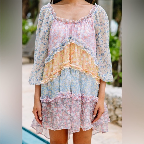 Love Colette Maisie Mini Cottage Babydoll Patchwork Floral Off-Shoulder L Dress - Picture 7 of 13